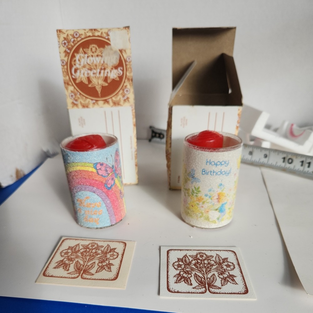 Vintage Glowing Greetings Candles Glittered Sugared Birthday & Butterfly New